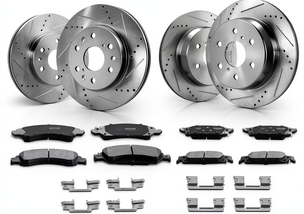 VEVOR brake kit components laid out on a garage workbench